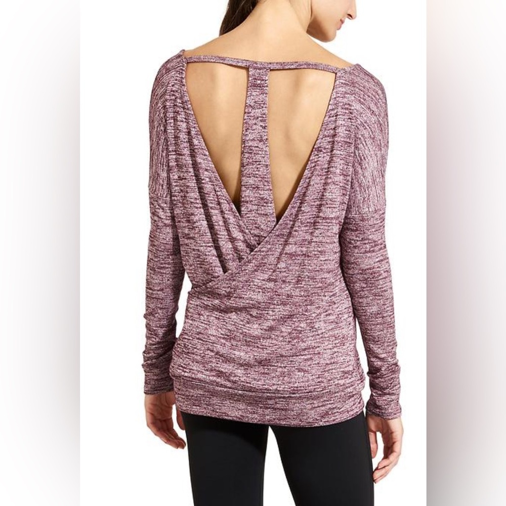 Athleta Women's S Pose Crossover T-Back Marled Knit Stretch Top Burgundy
